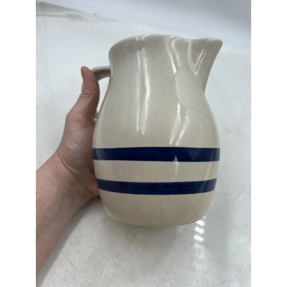 VTG Robinson Ransbottom Pitcher Blue Stripe Stoneware 1 Qt Roseville Ohio USA